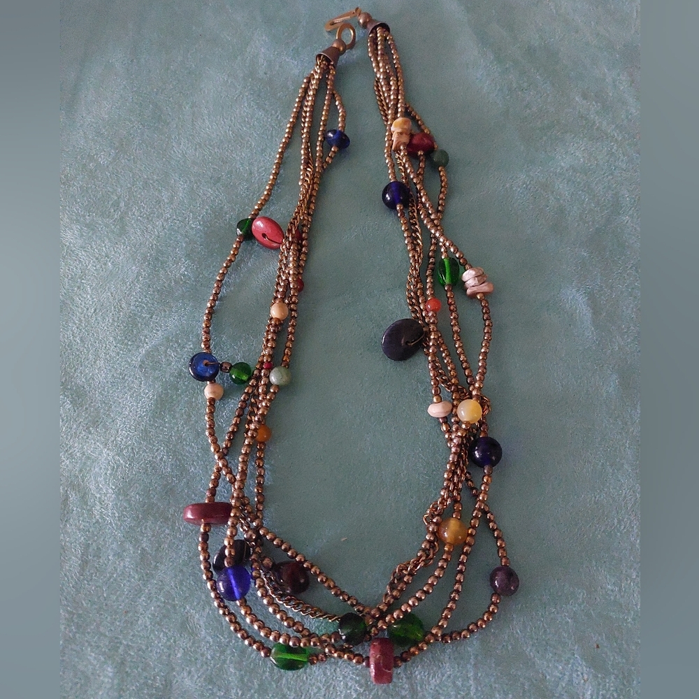 Five Strand Vintage 25" Boho Necklace, Multi-color Beads, Estate Jewelry